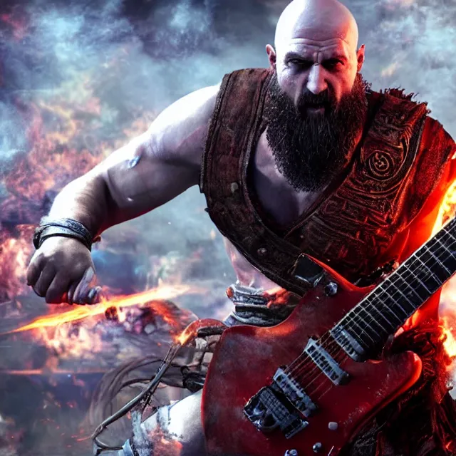 Image similar to kratos shredding on a flaming stratocaster guitar, cinematic render, god of war 2 0 1 8, santa monica studio official media, lightning, stripe over eye