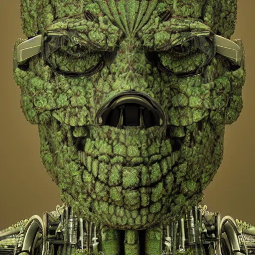 Image similar to an amazing deep portrait of a robot made of marijuana being smoked, intricate detail, volumetric lighting, 8 k, photorealistic, digital art trending on artstation