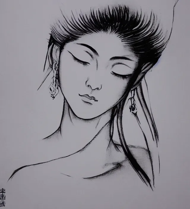 Prompt: taoist buddhist simple minimalist art brush ink painting of a beautiful girl portrait in squareenix miura kentaro sorayama noir style detailed trending award winning