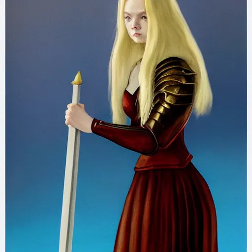 Image similar to Painting of Elle Fanning in knight armor with a flaming sword, long blonde hair, delicate, pale milky white porcelain skin, by Edward Hopper. 8K. Extremely detailed.