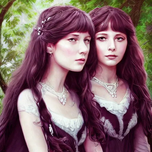 Image similar to a highly detailed portrait of sisters with purpure very very long hair, There are large snow-white peonies in the background, artstation, highly detailed, portrait, by ghilby