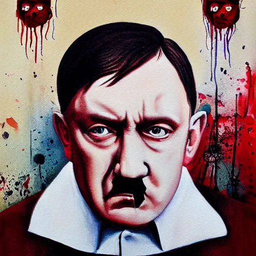 Image similar to a beautiful complex painting of adolf hitler with a bloody face face view