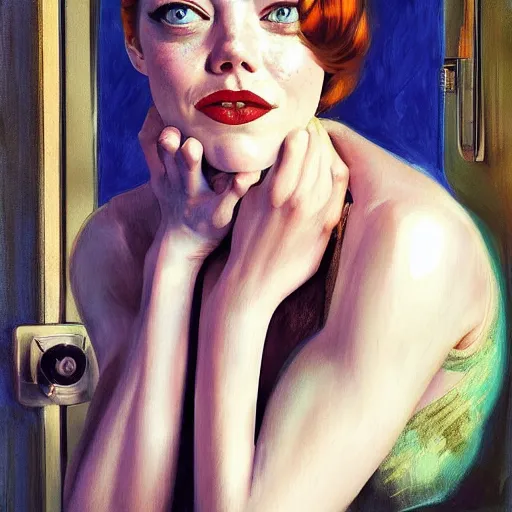 Image similar to emma stone in soviet public toilet, sharp focus, detailed, art by artgerm trufanov rolf armstrong, lucian freud dragan bibin