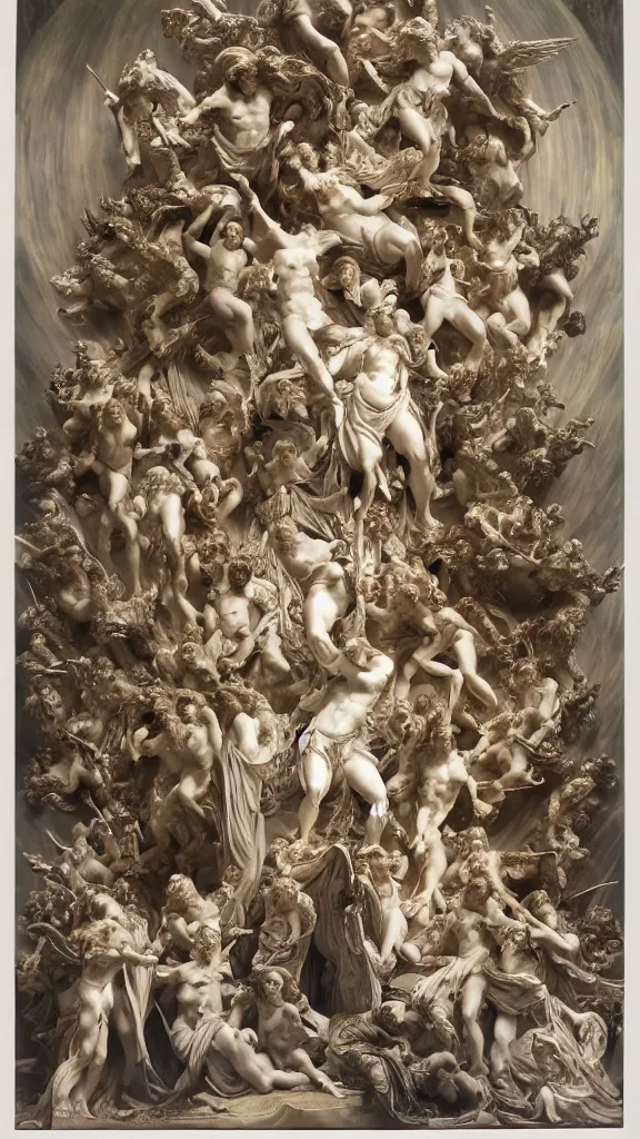 Image similar to an epic sculpture made of marble and ivory, fall of the rebel angels, by gustave dore, by alphonse mucha, hell, sculpture standing on in a large studio space, monumental, epic, detailed, intricate, volumetric lighting, realistic, octane render, in frame, 2 0 % pearlescent detailing