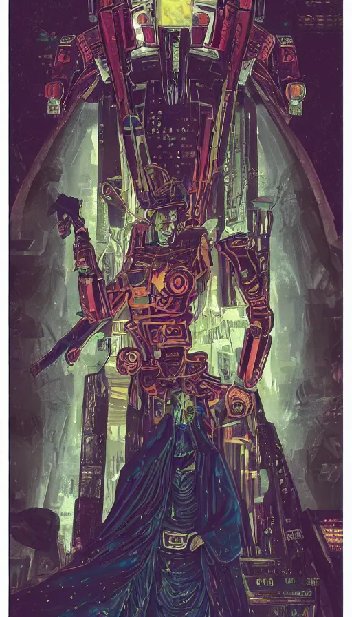 Image similar to a tarot card of the emperor, cyberpunk themed art, concept art