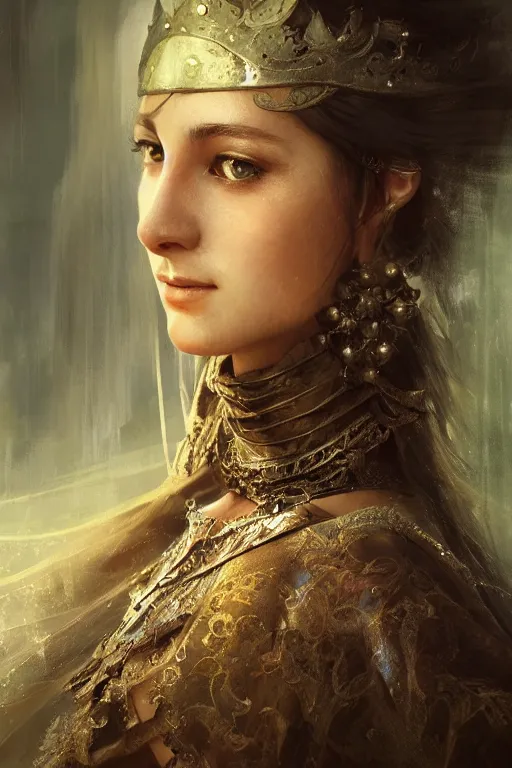 Image similar to medieval princess, gorgeous, close-up portrait, intricate, elegant, volumetric lighting, scenery, digital painting, highly detailed, artstation, sharp focus, illustration, concept art, ruan jia, steve mccurry