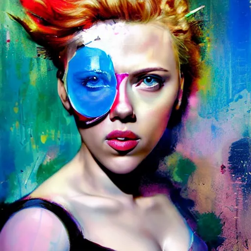 Image similar to scarlett johansson as delirium from sandman, ( hallucinating colorful soap bubbles ), by jeremy mann, by sandra chevrier, by dave mckean and richard avedon and maciej kuciara, punk rock, tank girl, high detailed, 8 k