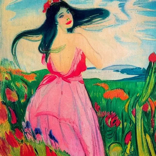 Prompt: A colorful and poetic painting of a girl looking at a landscape of flowers and water, by Ernst Ludwig Kirchner and Gaston Bussière featured on ArtStation, trending on ArtStation, cgsociety, trending on 500px, deviantart