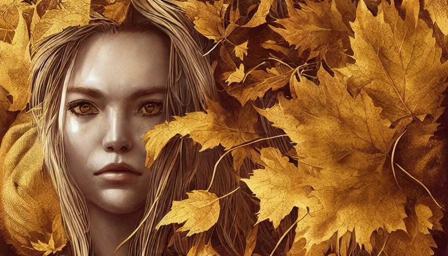 Image similar to golden leaves at frame border, creative!!! composition for a book cover!!!, absurdly beautiful, ultrafine hyperrealistic detailed old!! witch face by wlop and artgerm and greg rutkowski, intricate linework, sharp focus, smooth, octopath traveler, final fantasy, unreal engine, dramatic lighting, ethereal, 8 k