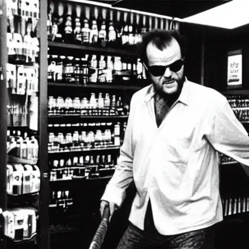 Image similar to jack nicholson walking in liquor store with baseball bat, security camera footage, cctv, high angle view,