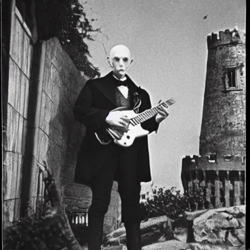 Image similar to vintage photograph of count orlok outside his castle, playing the blues on guitar, castle in the background, 4 k