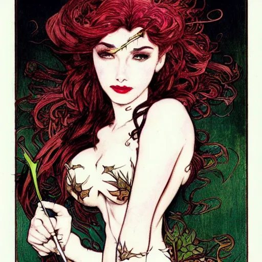 Image similar to a beautiful and detailed magic the gathering card of a seductive poison ivy dressed as a lawyer in the big city, dark eyeliner, intricate, elegant, highly detailed, digital painting, artstation, concept art, matte, sharp focus, illustration, art by rebecca guay and by arthur rackham and by alphonse mucha and by john william waterhouse