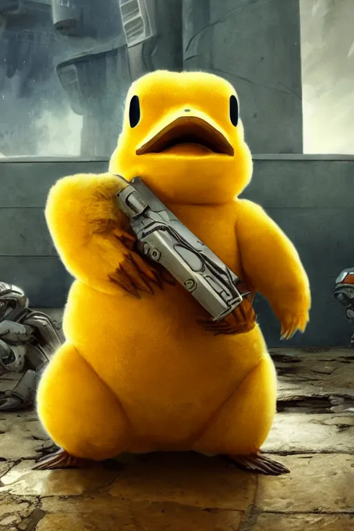 Image similar to psyduck pokemon playing as master chief, oil on canvas, intricate, 8 k highly professionally detailed, hdr, cgsociety