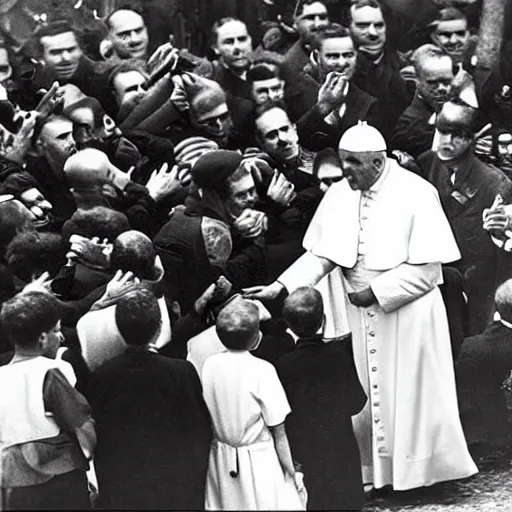 Prompt: the pope giving out communion to a large group of armed fascists in the 1930s, 8k