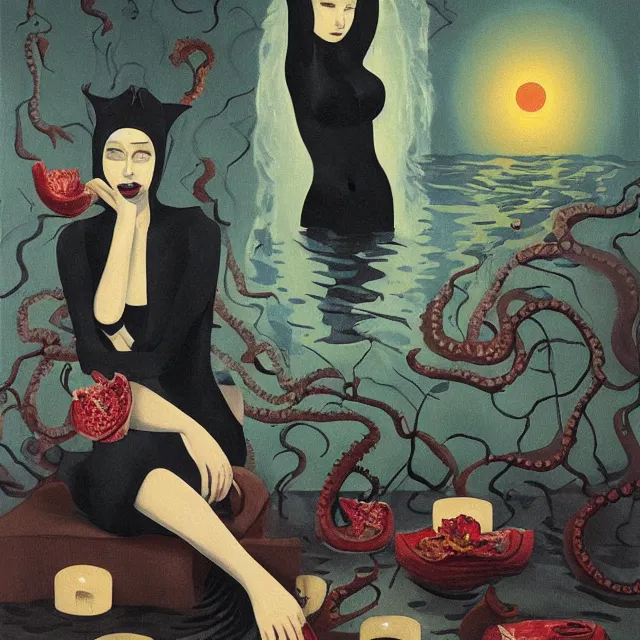 Image similar to tall female catgirl artist holding a skull in her flooded apartment, pomegranates, octopus, water gushing from ceiling, painting of flood waters inside an artist's apartment, a river flooding indoors, candles, ikebana, zen, rapids, waterfall, black swans, canoe, berries, acrylic on canvas, surrealist, by magritte and monet