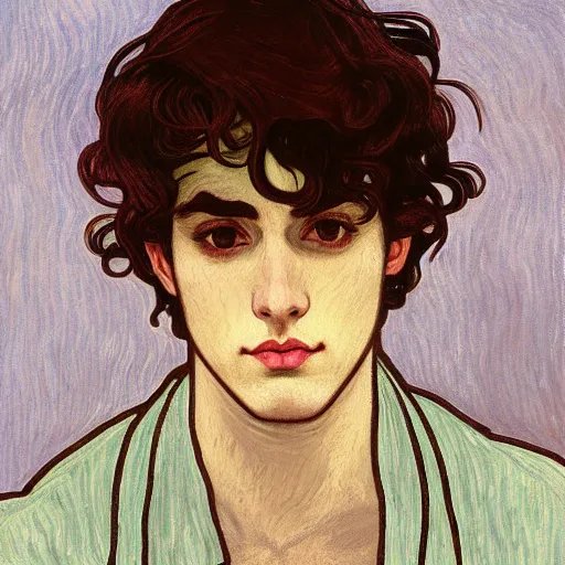 Image similar to painting of young cute handsome beautiful dark medium wavy hair man in his 2 0 s named shadow taehyung at the halloween pumpkin jack o'lantern party, depressed, melancholy, autumn, japan, elegant, clear, painting, stylized, delicate, soft facial features, delicate facial features, soft art, art by alphonse mucha, vincent van gogh, egon schiele