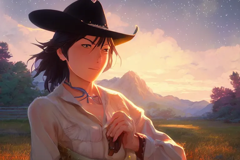 Image similar to western cowgirl, single subject, scenic full shot, ambient starry night lighting, detailed face, by makoto shinkai, stanley artgerm lau, wlop, rossdraws