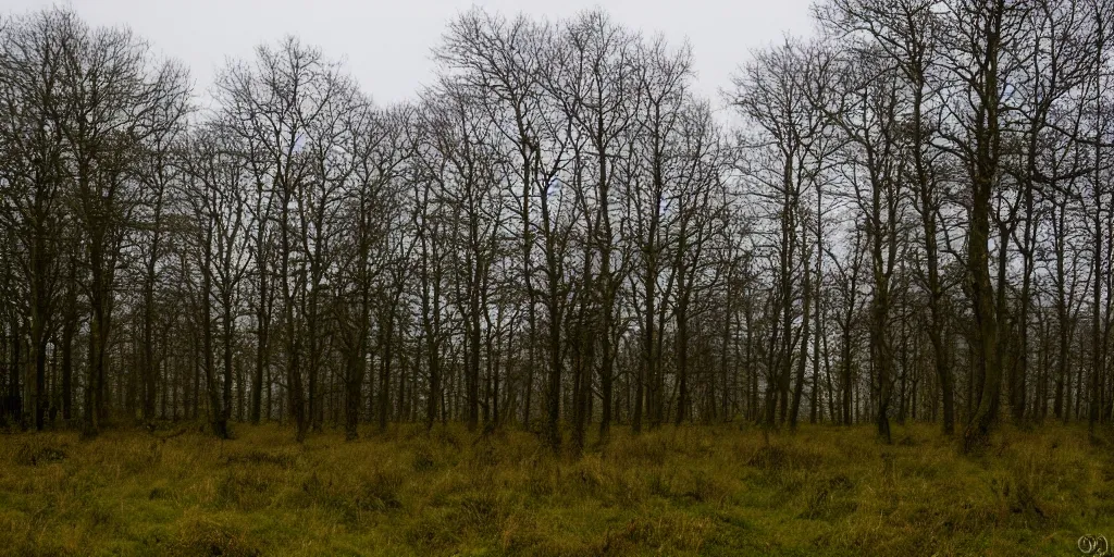 Image similar to Dutch moor field, slightly hilly, small forest in the background. Overcast day