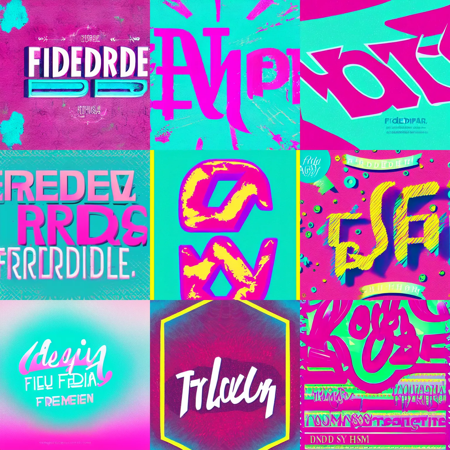 Prompt: typographic text for FREDDIE!, magenta and cyan lettering, bright colors, typography graphic design