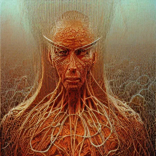 Image similar to Graphic Illustration of the anti-christ, Cyberpunk, Portrait, by Peter Gric, Zdzisław Beksiński