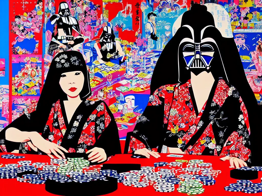 Image similar to hyperrealistim composition of the detailed single woman in a japanese kimono sitting at a extremely detailed poker table with darth vader, fireworks, river on the background, pop - art style, jacky tsai style, andy warhol style, acrylic on canvas