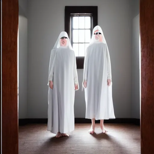 Image similar to award winning photo,two Hovering twin nuns, in a bedroom hovering off the ground, wearing pointed hoods, buxom chested, blindfolded, wearing translucent veils, see through dress, Very long arms, bedroom, wood door, eerie, frightening, highly detailed, photorealistic, colorized —width 1024 —height 1024