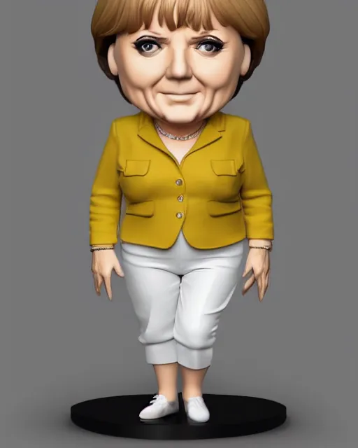 Image similar to full body 3d render of angela merkel as a funko pop, studio lighting, white background, blender, trending on artstation, 8k, highly detailed