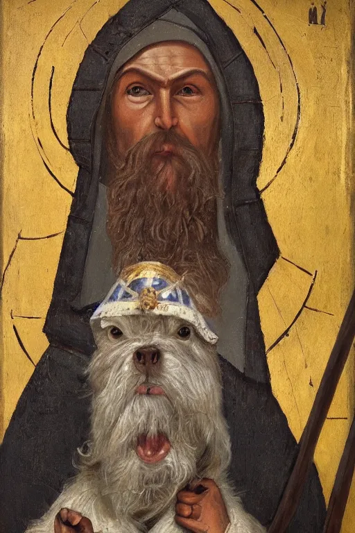 Image similar to Slavic dog head man, woolen torso in medieval clothes, Orthodox Saint Christopher, oil painting, holding axe, hyperrealism, beautiful, high resolution, trending on artstation,