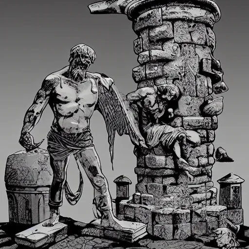 Prompt: precisely drawn illustration of broken roman statues flanking an old stone well, wide angle, sharp, fine details, French comic style, vibrant realistic colors, full color, heroic fantasy, intense line art, 8k, precise linework, realistic, in the style of Heavy Metal Comics and Richard Corben and Moebius