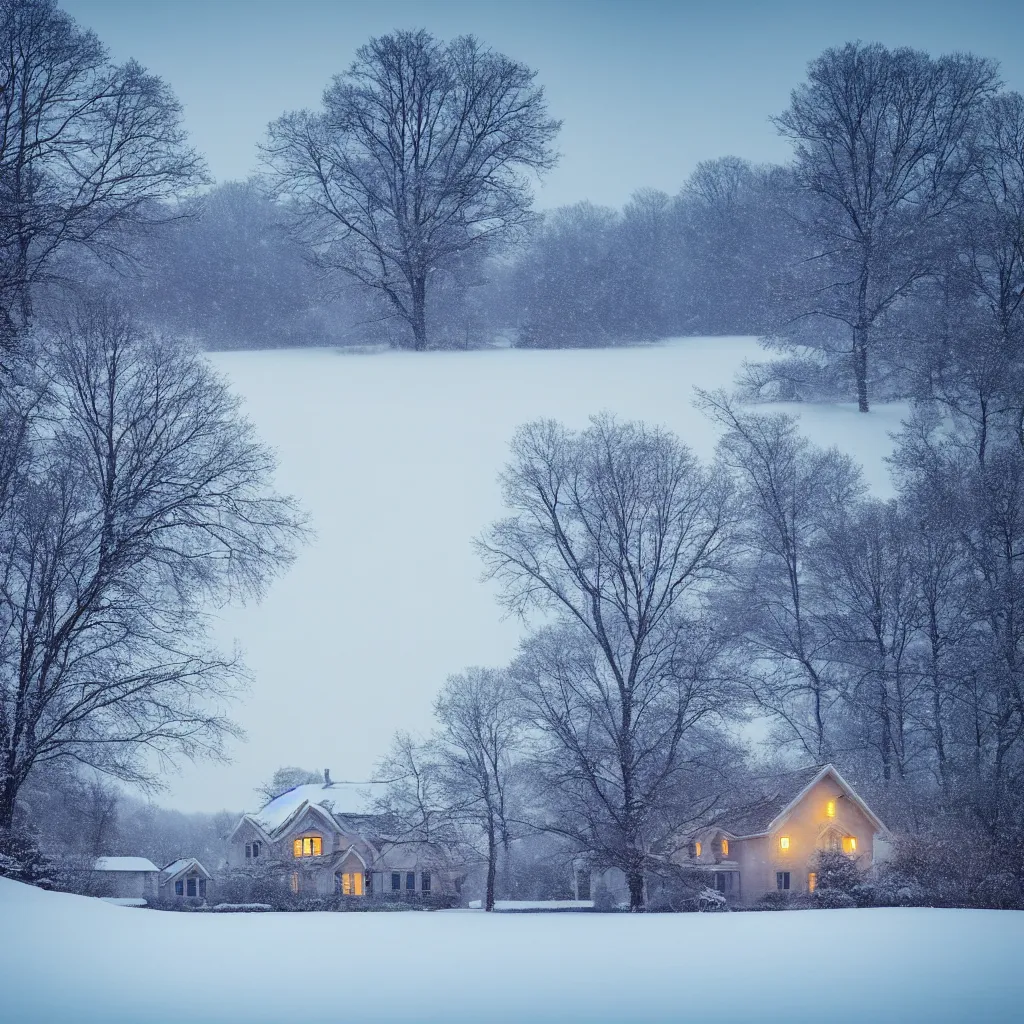 Image similar to landscape with house near forest and small pond, sunny winter evening, snowing, blizzard ambient, atmospheric, mystical, very detailed 4 k, professional photography