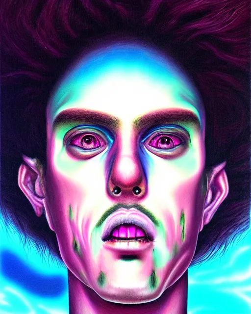 Image similar to a realistic detailed portrait painting of a monster, vaporwave