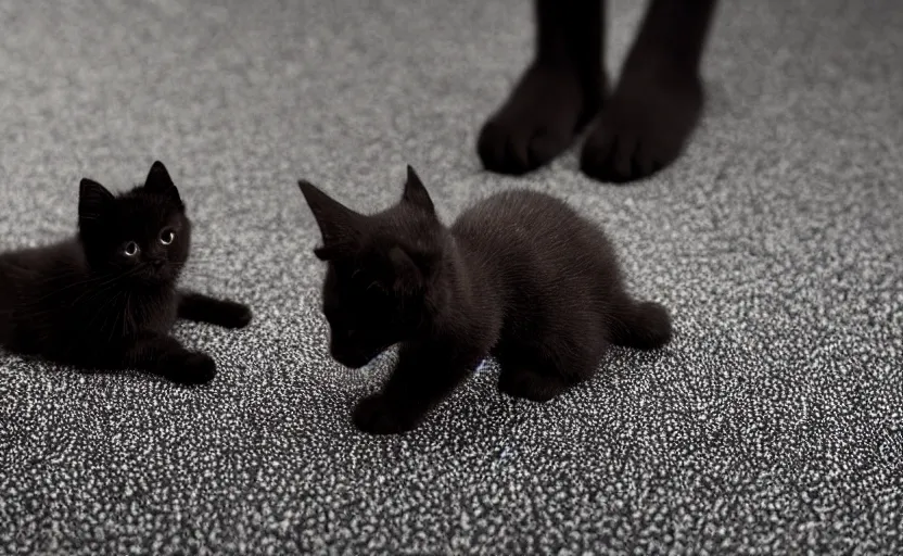 Prompt: a black kitten sitting at the foot of god, close up of god's mighty foot dwarfing the tiny black kitten