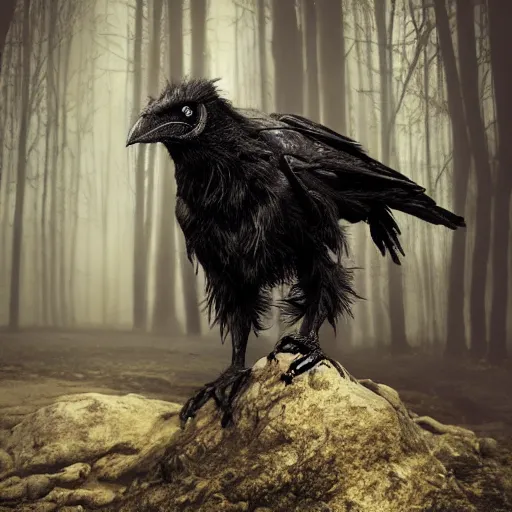 Image similar to werecreature consisting of a crow and a human, featured on artstation, photograph captured in a dark forest