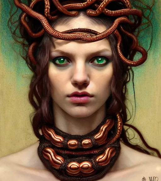 Image similar to portrait of alopecia naughty teen medusa, vipers grow from her head, wearing an embroidered rusty tunic, dark background, intricate, elegant, copper and emerald jewelry, glowing lights, highly detailed, digital painting, artstation, concept art, smooth, sharp focus, illustration, art by wlop, mucha, artgerm, and greg rutkowski