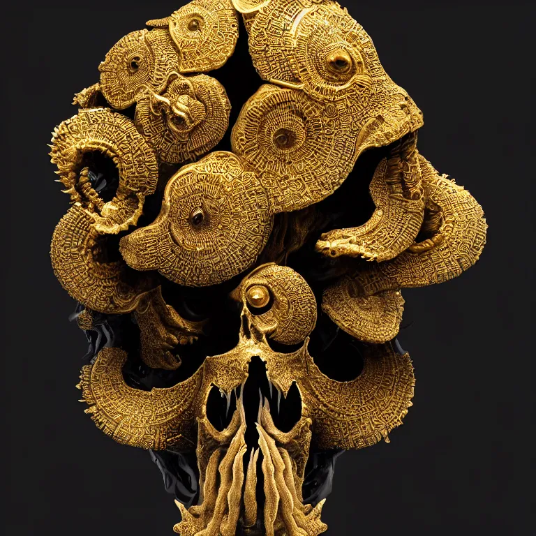 Prompt: black background. absolutely symmetrical sculpture. centered. goddess princess face close-up portrait ram skull. sculpture made of gold and black charcoal. jellyfish phoenix head, nautilus, orchid, skull, betta fish, bioluminiscent creatures, intricate artwork by Tooth Wu and wlop and beeple. octane render, trending on artstation, greg rutkowski very coherent symmetrical artwork. cinematic, hyper realism, high detail, octane render, 8k