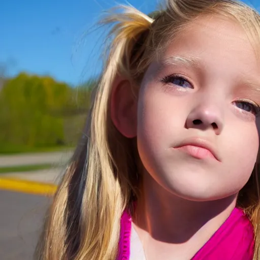 Prompt: a blonde girl waiting for the school bus, detailed face, sunny