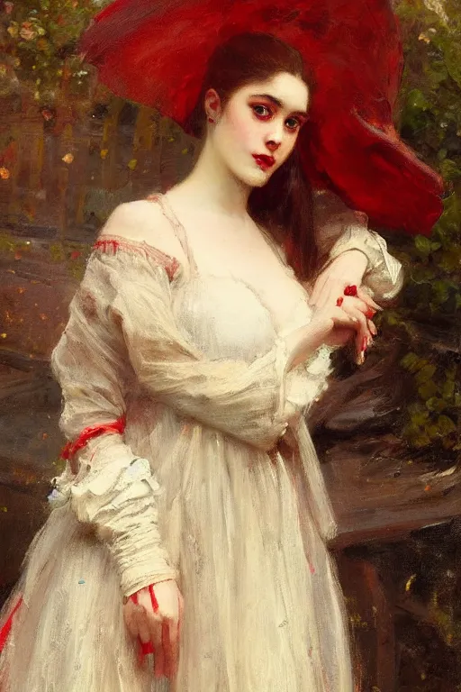 Prompt: Solomon Joseph Solomon and Richard Schmid and Jeremy Lipking victorian genre painting full length portrait painting of a young beautiful woman french courtesan in fantasy costume, red background