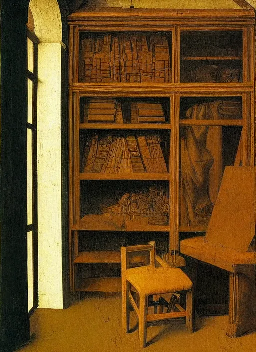 Prompt: bookshelves and drawing materials, paints, brushes, medieval painting by jan van eyck, johannes vermeer, florence