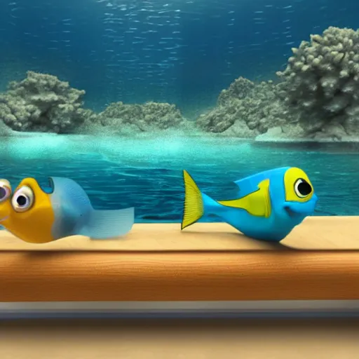 Image similar to a 3d render of two fish underwater watching a boat , in the style of a pixar cartoon, disney cartoon