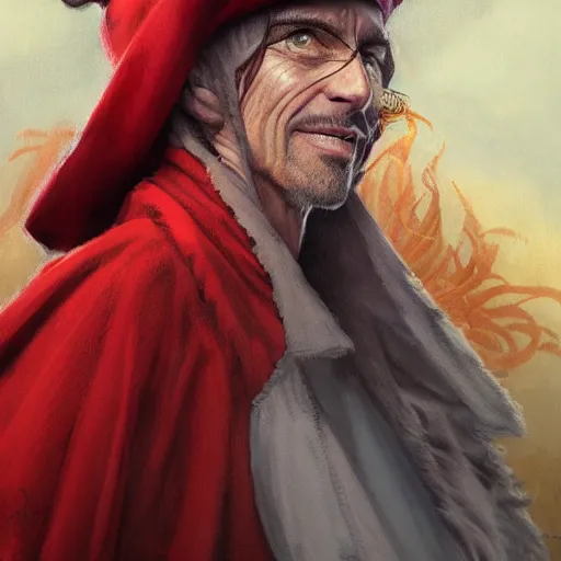 Image similar to portrait of rincewind wearing bright red wizard robe and hat by greg rutkowski and raymond swanland