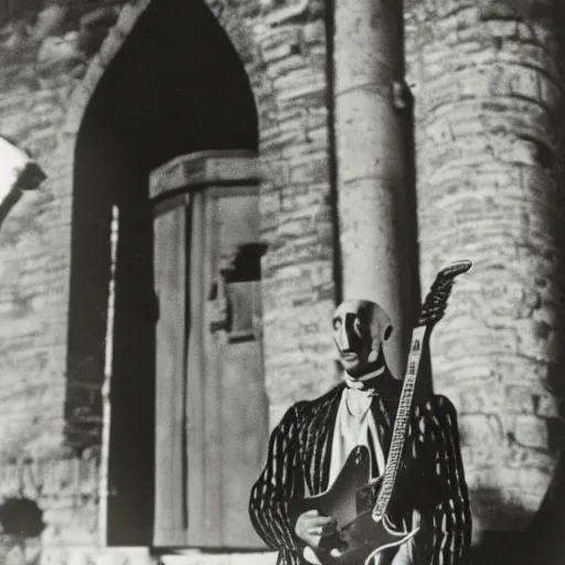 Image similar to vintage photograph of count orlok outside his castle, playing the blues on guitar, castle in the background, 4 k