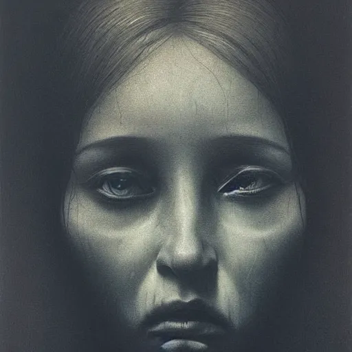 Image similar to woman face staring, portrait, flash, 80mm F2.8, single light source, painting by Zdzislaw Beksinski