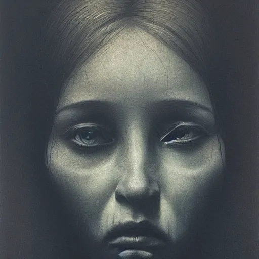 Prompt: woman face staring, portrait, flash, 80mm F2.8, single light source, painting by Zdzislaw Beksinski