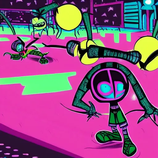 Image similar to invader Zim at a roller rink