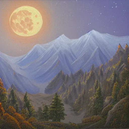 Image similar to a highly detailed landscape painting of a mountain range with a forest on the mountains, at night, full moon