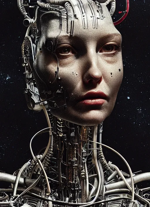 Image similar to a young beautiful female cyborg profile face, by h. r. giger, by ismail inceoglu, by kiki smith, glamor shot, vintage, closeup, f / 2. 8, low contrast, 1 6 k, rim lighting, cinematic lighting, insanely detailed and intricate, hypermaximalist, elegant, ornate, hyper realistic, super detailed