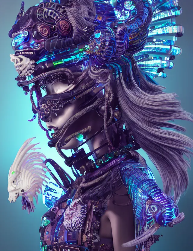 Image similar to 3 d goddess close - up profile portrait cyberpunk with ram skull. beautiful intricately detailed japanese crow kitsune mask and clasical japanese kimono. betta fish, jellyfish phoenix, bio luminescent, plasma, ice, water, wind, creature, artwork by tooth wu and wlop and beeple and greg rutkowski