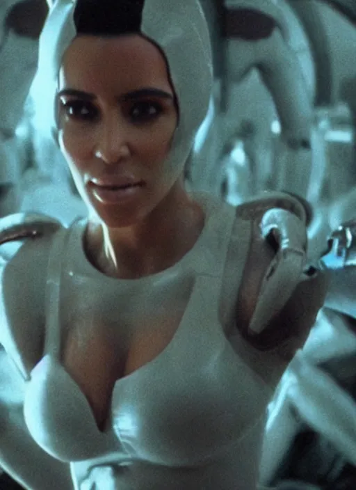 Image similar to movie still of kim kardashian wearing a alien face hugger mask, in the movie alien. cinematic shot.