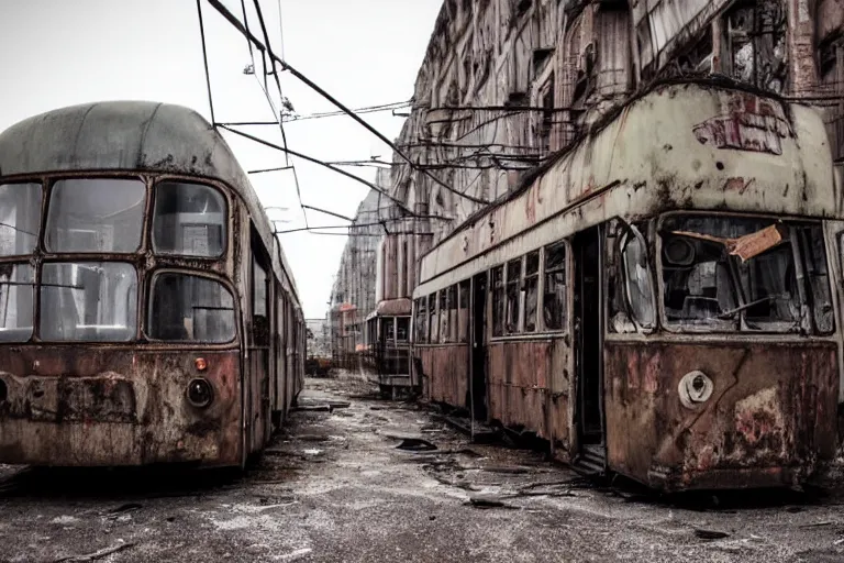 Prompt: low wide angle shot of dilapidated fallout 5 europa, european cityscapes, desolate, dilapidated neon signs, few rusted retro futuristic vintage parked vehicles like cars, buses, trucks, trams, volumetric lighting, photorealistic, fog, daytime, autumn, overcast weather, sharp focus, ultra detailed, 4 0 0 0 k