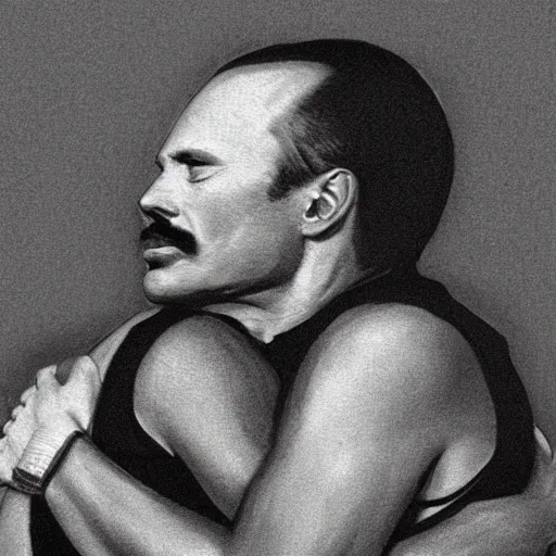 Image similar to freddie mercury hugging walter white, sketch, insanely detailed